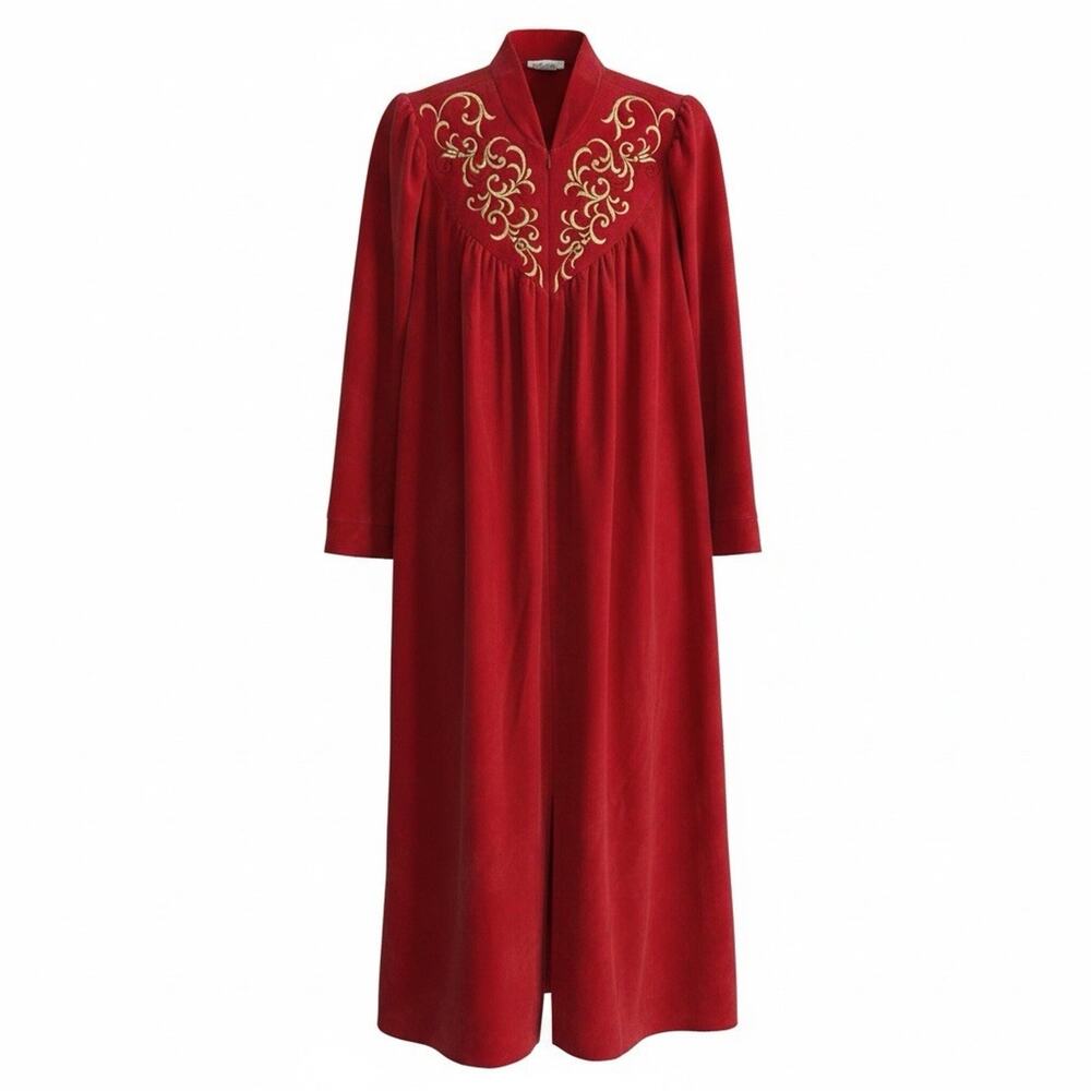 Vtg Vanity Fair Robe Red Gold Fleece Long House Coat Nightgown 3/4 Zip Small